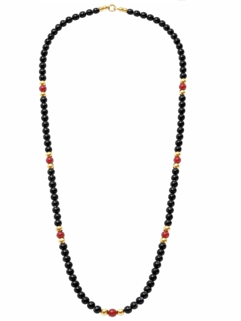 Trifari Black Bead Necklace Gold Tone Maroon Accent 28” Long Statement